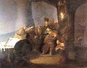 Judas returning the thirty silver pieces. Rembrandt